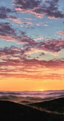 Obraz premium Sunrise over a misty mountain range. Soft, colorful clouds fill the sky
