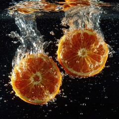 Two orange slices in water splashes