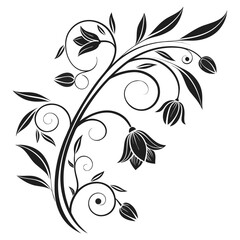 Black floral vine with swirling tendrils and bell flowers