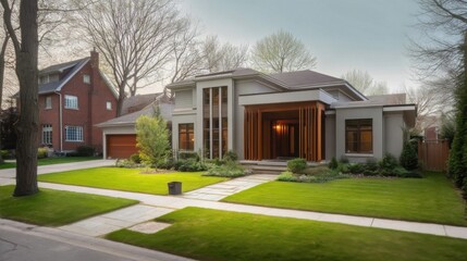 Modern single-family house with clean lines, large windows, and wooden beams. Features light grey panels,