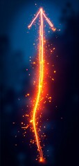 A vibrant, glowing orange arrow of energy with sparkling particles ascends against a deep blue background, symbolizing progress.