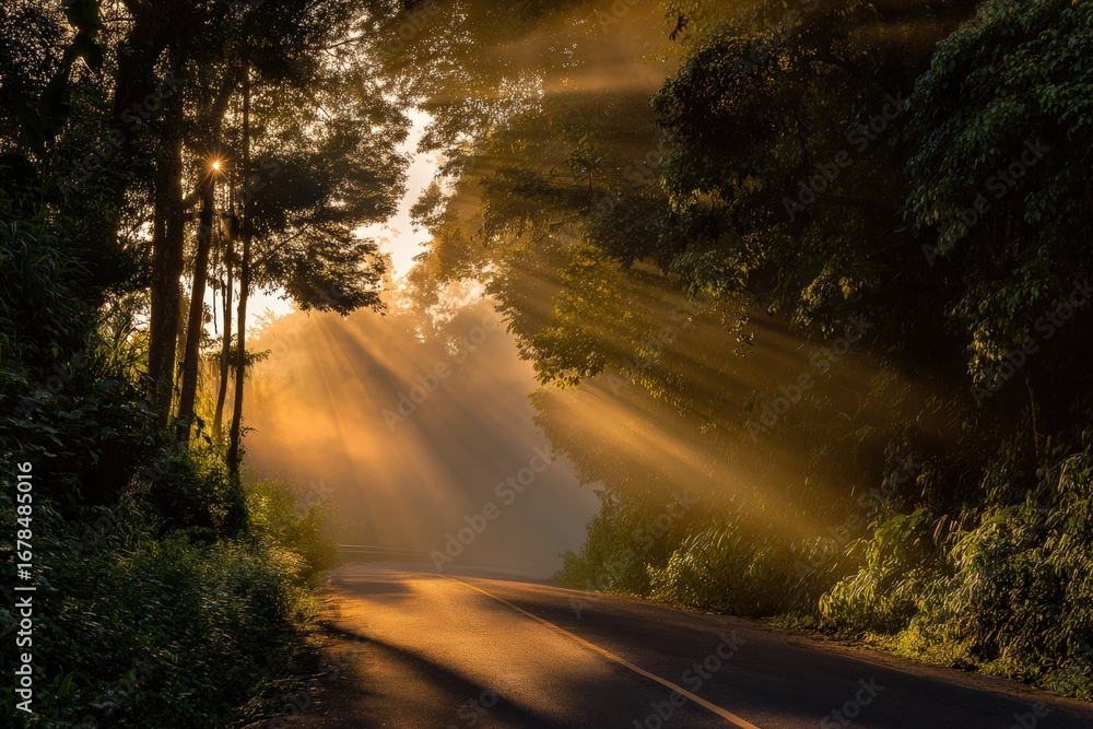 Poster golden sun rays filtering through trees over a scenic road at dawn, creating a magical atmosphere