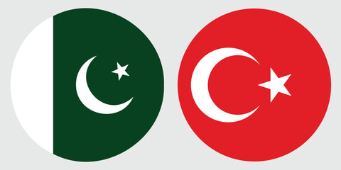 Pakistan and Turkey National Flags  Circular Vector Design on Grey Background 