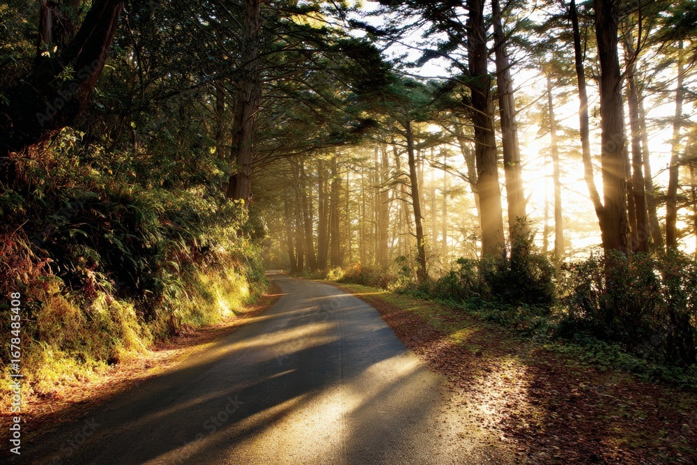 Poster sun rays filtering through trees illuminate a scenic road on a misty morning, creating a serene atmo