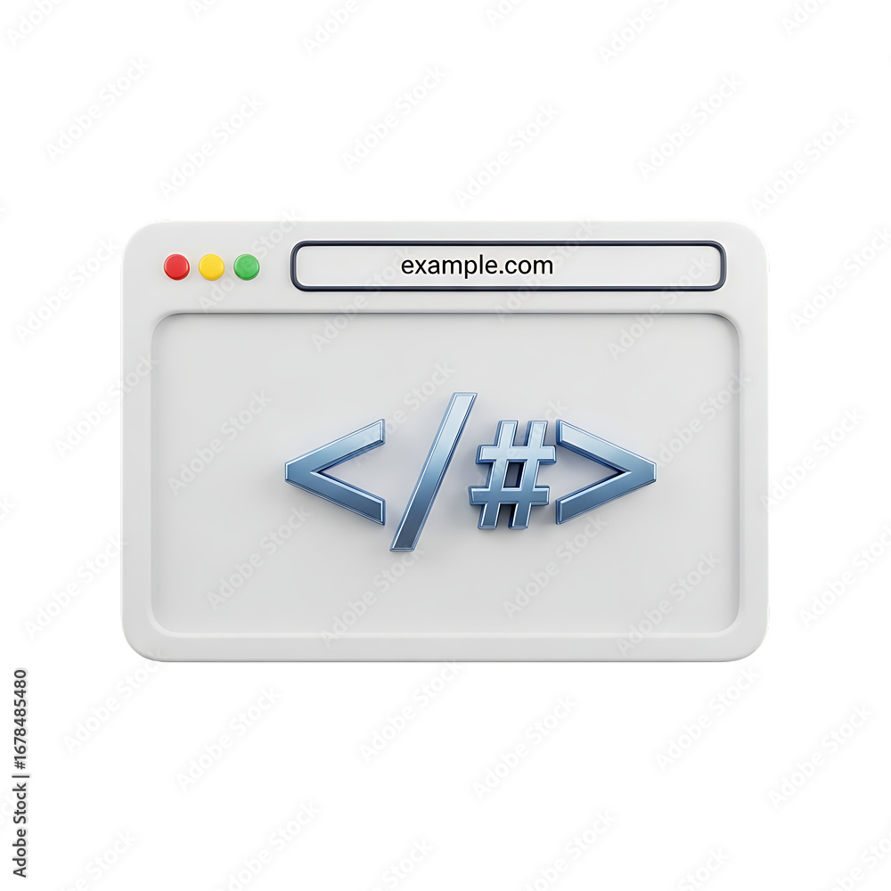 Poster illustration of a browser window with code symbols isolated on transparent background