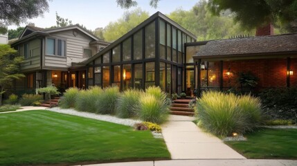 Elegant residential property with modern glass conservatory, traditional brick walls, lush green lawn,