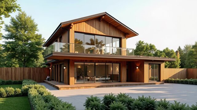 Stunning modern barn house with mezzanine and large windows, beautifully rendered in 4K, showcasing a lush garden setting.