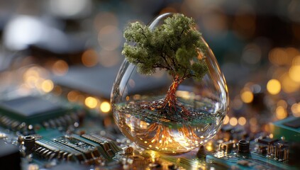 Tiny tree in a teardrop-shaped glass orb on a circuit board