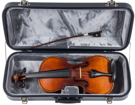 Open Violin Case with Instrument and Bow Inside, Top-Down View, Isolated