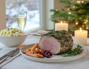 Festive Christmas dinner table setting with a delicious herb-crusted pork roast, roasted vegetables, and sparkling wine by candlelight