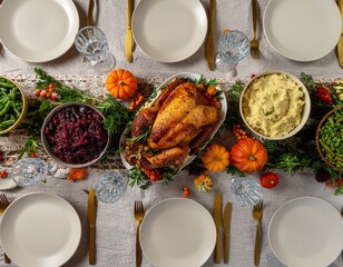 Top-down view of a traditional holiday feast with roasted turkey and side dishes on a beautifully decorated dining table