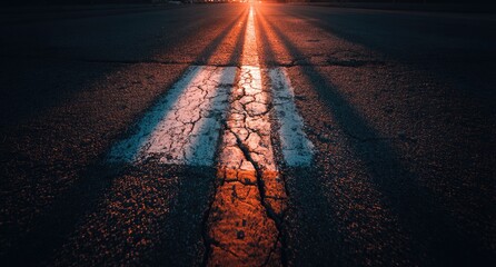 Asphalt road at sunset, cracked pavement, white lines