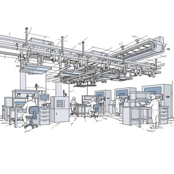 Detailed Factory Assembly Line Illustration with Complex Machinery and Intricate Technological Systems in Monochrome