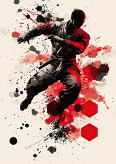 tattoo design, ink splashes, martial arts pictograms, red and black color palette, brush strokes