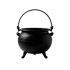A black cauldron with a handle, standing on three legs against a transparent background. Suitable for spooky Halloween themes and holiday crafts.