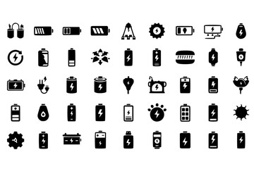 Fototapeta premium Set Of Battery Icons Isolated Silhouette Solid Icon With Energy, Industry, Electricity, Technology, Battery, Power, Electric Infographic Simple Vector Illustration Logo