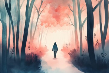 Minimalistic illustration of a person walking in a tranquil forest
