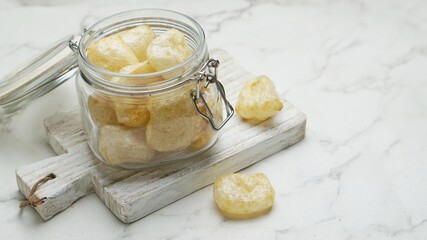 Kerupuk Kulit is a traditional snack from Indonesia. Kerupuk kulit in a jar