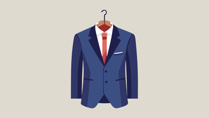 A blue suit jacket hanging on a hanger. The jacket is made of a dark blue material and has a collar. The jacket is hanging on a brown background