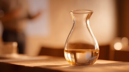 Blur interior Pitch presentation room captured from inside a clear glass water pitcher on the speaker table, warm amber and soft daylight palette