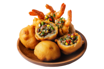 Fried bean fritters filled with shrimp, chopped green onions, and red chili peppers and vatapa on wooden plate isolated on white transparent background. Brazil Acaraje
