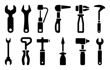 Collection of Black and White Icons of Various Hand Tools