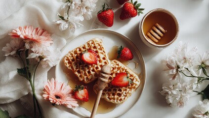 Naklejka premium Honey-drizzled waffles with strawberries, flowers, and a cup of tea