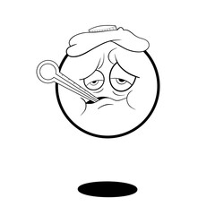 Sick, unwell, ill, floating ball with thermometer cli0 art hand drawn black and white