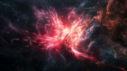 Fototapeta premium Cosmic Nebula Burst: An Exploration of Space with Red Light, Shimmering Starfields, and Abstract Energetic Celestial Formation.