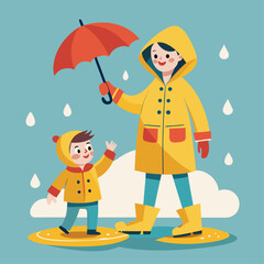 A woman and a child are walking in the rain, with the woman holding an umbrella over the child. Scene is lighthearted and playful, as the woman