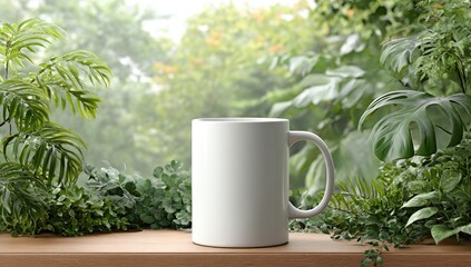 Empty white mug on wooden surface, lush greenery background