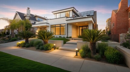 Modern two story residential house at twilight with palm trees, shrubs, and sidewalks leading to entrance,