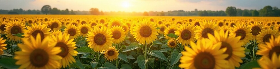 Obraz premium A vibrant sunflower field stretches to the horizon, symbolizing the vast reach of the internet, connecting everything with its golden rays , seamless, sun, sunflowers