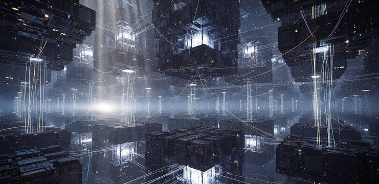 An abstract 4D hypercube of infinite corridors and radiant light shafts that pierce through surreal, bending geometry.