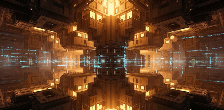 An abstract 4D hypercube of infinite corridors and radiant light shafts that pierce through surreal, bending geometry.