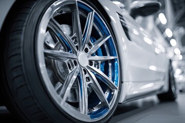 Close-up of a white car's alloy wheel