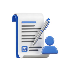 3d icon of 3d rendering of a form with a pen isolated on transparent background, representing document signing, contract agreement, and application process in a modern style