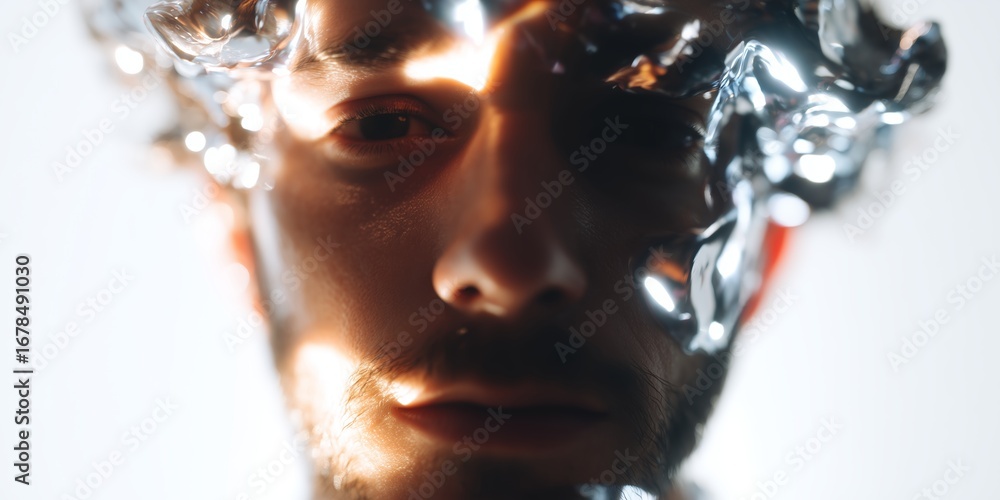 Poster man with reflective texture on face captured in artistic close-up during creative photography sessio