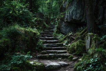 Lush forest path with stone steps