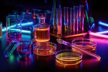 Colorful lab equipment under neon light