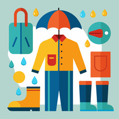 A colorful illustration of clothing and accessories, including a yellow jacket, blue pants, and orange boots, with a blue umbrella and a red bag. Scene is cheerful and playful, with the bright colors
