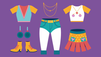 A collection of clothing items, including a skirt, a pair of pants, and a vest. The clothing is colorful and has a retro vibe