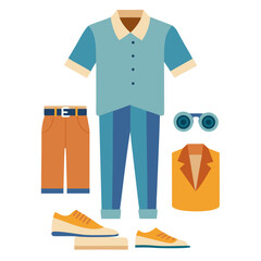 A man's outfit is shown with a tie, pants, shirt, and shoes. The outfit is casual and comfortable, with a focus on the shoes. Concept of style and confidence