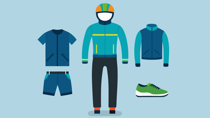 A blue jacket, blue pants, and blue shoes are shown on a yellow background. The outfit is designed for winter sports and is meant to be worn by a person who enjoys skiing or snowboarding