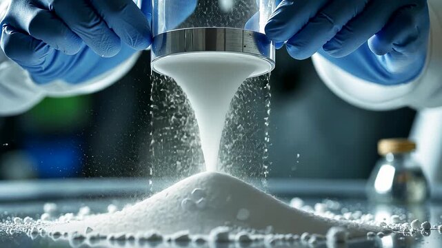 White powdered sugar being poured through sieve by gloved hands in closeup view of modern food processing kitchen