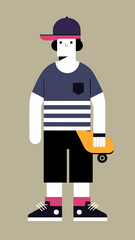 A cartoon of a man in a green shirt and blue jeans with a skateboard and a pair of white sneakers