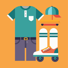 A cartoon of a man in a green shirt and blue jeans with a skateboard and a pair of white sneakers