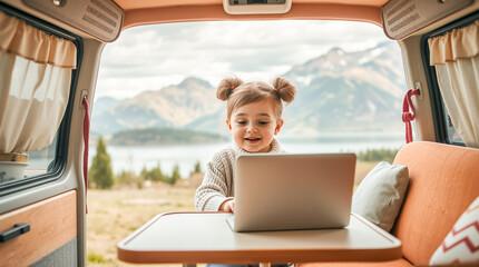 Happy young girl using a laptop inside a cozy camper van, enjoying technology and remote learning amidst a mountain and lake landscape during a family road trip adventure.