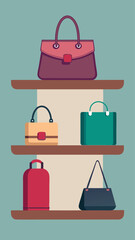 A collection of purses are displayed on a shelf. The purses are of different colors and sizes, and they are arranged in a way that makes them easy to see and compare. Concept of variety and choice