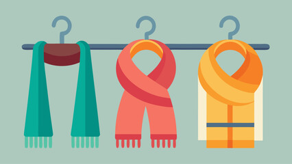 A red scarf hangs on a clothes hanger next to a yellow towel and a blue scarf. Concept of warmth and comfort, as the scarf and towel are likely to be used for warmth and relaxation